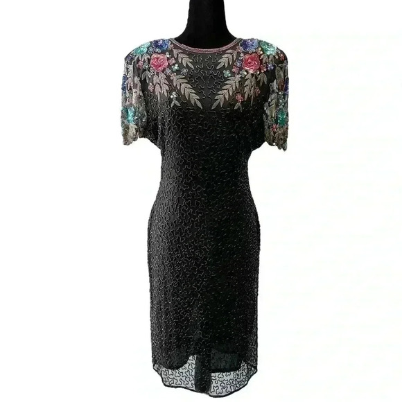 SCALA Sequin Beaded Cocktail Evening Dress Black Multi Colour Open Back Medium - Picture 1 of 15